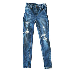 American Eagle Blue Super High Rise Jeggings Distressed Jeans Size 0